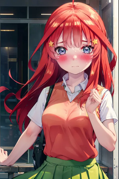itsukinakano, itsuki nakano, bangs, blue eyes, Hair between the eyes, Ahoge, Redhead, star (symbol), hair ornaments, star hair ornaments,Tears stream down her face,Tears of joy,I cry a lot,blush,
skirt, shirt , clavicle, white shirt, Short sleeve, Pleated...