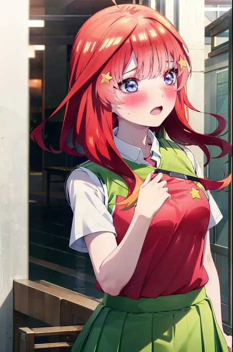 itsukinakano, itsuki nakano, bangs, blue eyes, Hair between the eyes, Ahoge, Redhead, star (symbol), hair ornaments, star hair ornaments,Tears stream down her face,Tears of joy,I cry a lot,blush,
skirt, shirt , clavicle, white shirt, Short sleeve, Pleated...