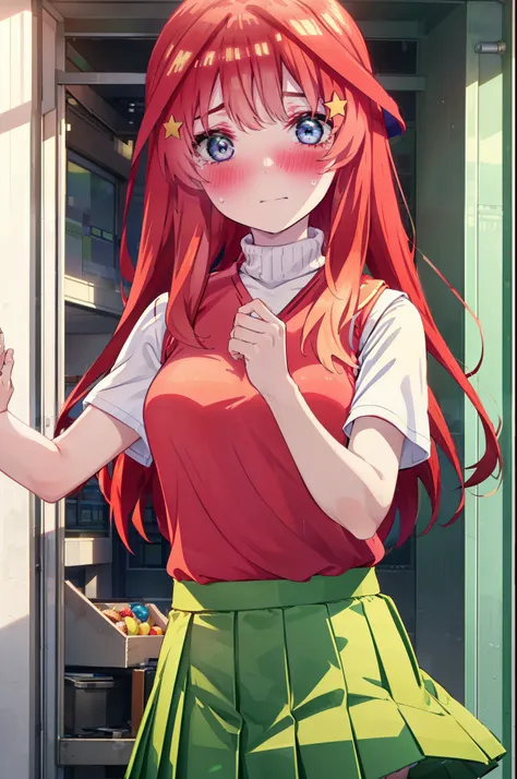 itsukinakano, itsuki nakano, bangs, blue eyes, Hair between the eyes, Ahoge, Redhead, star (symbol), hair ornaments, star hair ornaments,Tears stream down her face,Tears of joy,I cry a lot,blush,
skirt, shirt , clavicle, white shirt, Short sleeve, Pleated...