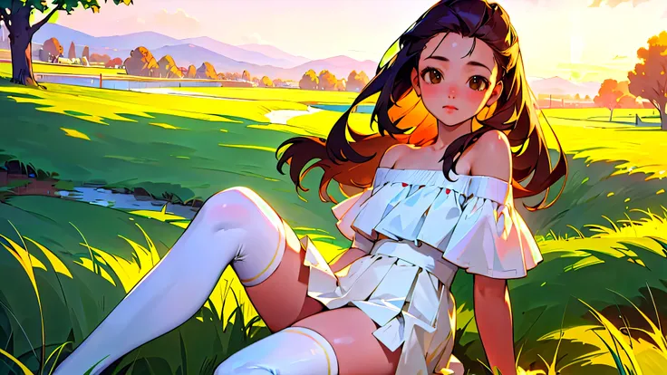 (Highest quality, masterpiece, Ultra-realistic), Beautiful and delicate１５Year-old girl portrait, With a calm and gentle expression, Model for painting、Background landscape is park at sunset、Off the shoulder、Miniskirt、White knee-highs、Absolute area、Retro fe...