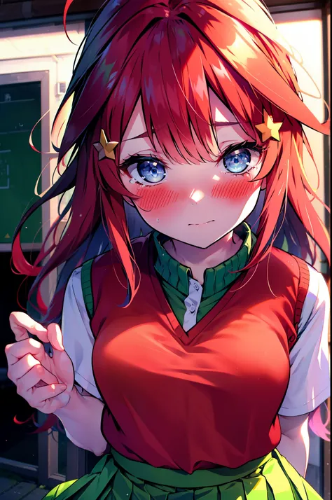 itsukinakano, itsuki nakano, bangs, blue eyes, Hair between the eyes, Ahoge, Redhead, star (symbol), hair ornaments, star hair ornaments,Tears stream down her face,Tears of joy,I cry a lot,blush,
skirt, shirt , clavicle, white shirt, Short sleeve, Pleated...
