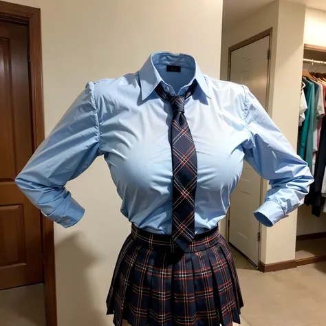 on hanger, school blouse, stripe tie, plaid skirt, fat, cute big breasts, (invisible, no human, headless, handless:1.5)