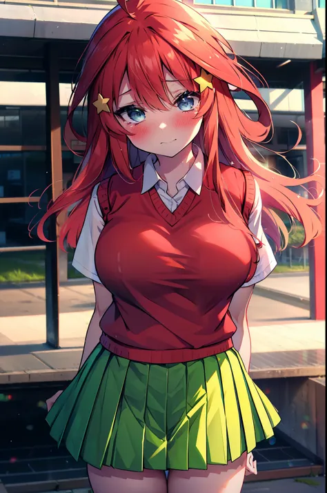 itsukinakano, itsuki nakano, bangs, blue eyes, Hair between the eyes, Ahoge, Redhead, star (symbol), hair ornaments, star hair ornaments,Tears stream down her face,Tears of joy,I cry a lot,blush,
skirt, shirt , clavicle, white shirt, Short sleeve, Pleated...