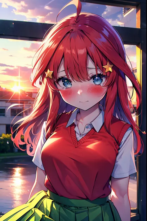 itsukinakano, itsuki nakano, bangs, blue eyes, Hair between the eyes, Ahoge, Redhead, star (symbol), hair ornaments, star hair ornaments,Tears stream down her face,Tears of joy,I cry a lot,blush,
skirt, shirt , clavicle, white shirt, Short sleeve, Pleated...