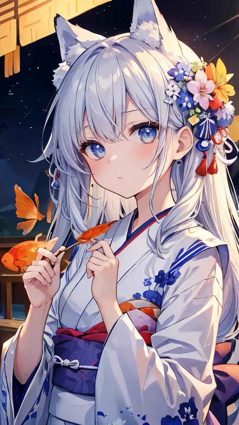 Highest quality:1.1)、(masterpiece:1.2)、(solo)、Close-up、Watching the viewer、Goldfish scooping、summer,kimono,Flowing sweat,Tanabata,Milky Way,milky way,festival,Girl,whole body,Starry Sky,Silver Hair,,Blue Eyes,slender,Strip,Fox ears