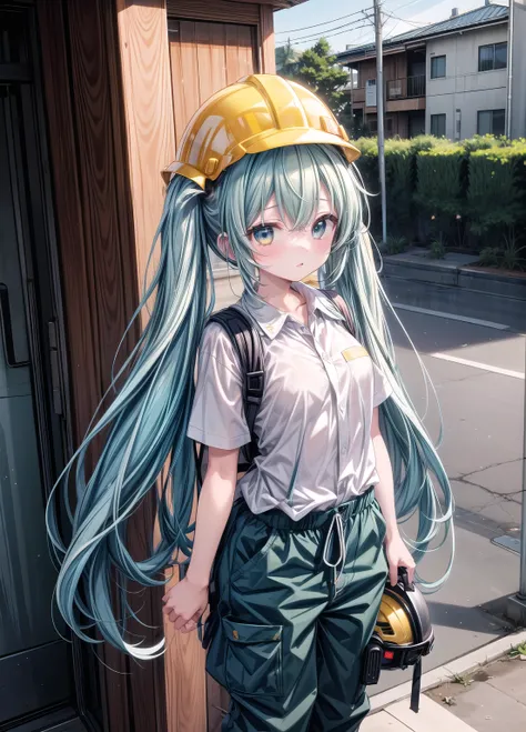 (masterpiece、Highest quality、Highest quality、Official Art、Beautiful and beautiful:1.2)、(One girl:1.3)Hatsune Miku、Twin tails,Beautiful breasts,Wearing a helmet、Safety helmet、Yellow Helmet、Gaten、Nikkapokka、Baggy trousers、construction、architecture、steel fram...