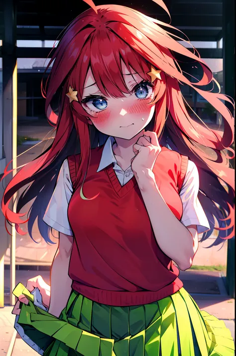 itsukinakano, itsuki nakano, bangs, blue eyes, Hair between the eyes, Ahoge, Redhead, star (symbol), hair ornaments, star hair ornaments,Tears stream down her face,Tears of joy,I cry a lot,blush,
skirt, shirt , clavicle, white shirt, Short sleeve, Pleated...