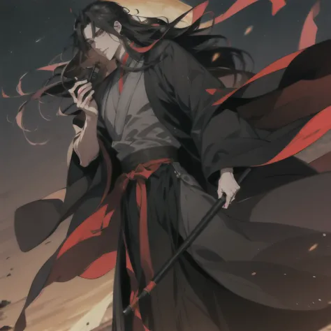 (masterpiece, best quality:1.2), 1male, solo, wei wuxian, mo dao zu shi, mdzs, black clothes, grey eyes, long black hair, perfect anatomy, full body