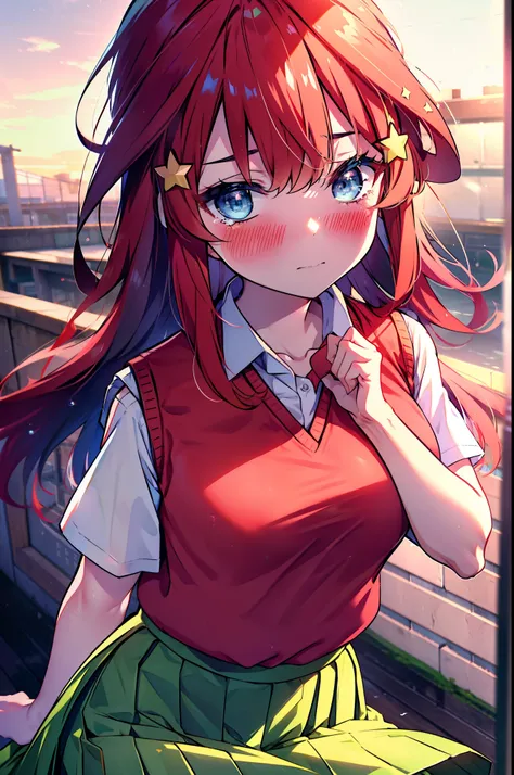 itsukinakano, itsuki nakano, bangs, blue eyes, Hair between the eyes, Ahoge, Redhead, star (symbol), hair ornaments, star hair ornaments,Tears stream down her face,Tears of joy,I cry a lot,blush,Open your mouth,
skirt, shirt , clavicle, white shirt, Short...