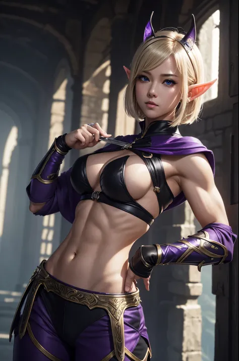 8K、Blonde short bobヘアのエルフ、Super Beauty(Realistic)、Alafeido woman in purple and black outfit、Ultra-detailed fantasy characters、3D Rendering Character Art、blue eyes、Detail Fantasy、Stunning Armor、Amazing character art、Gorgeous Female Paladin、Ultra-high resolu...