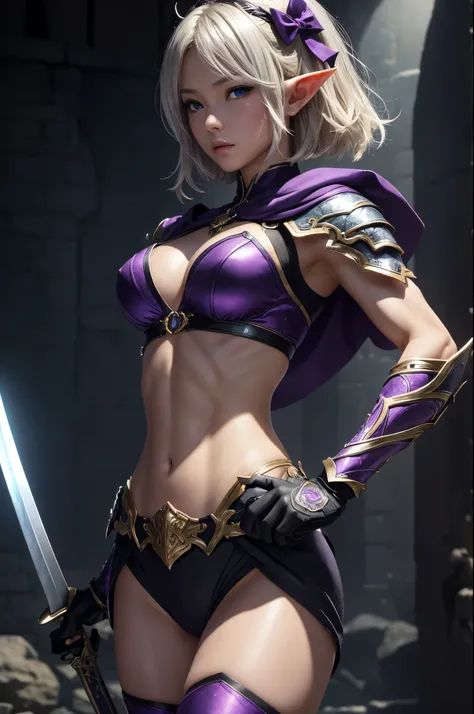 8K、Blonde short bobヘアのエルフ、Super Beauty(Realistic)、Alafeido woman in purple and black outfit、Ultra-detailed fantasy characters、3D Rendering Character Art、blue eyes、Detail Fantasy、Stunning Armor、Amazing character art、Gorgeous Female Paladin、Ultra-high resolu...