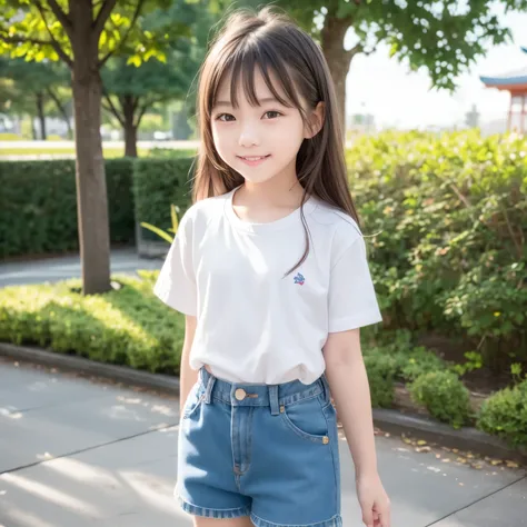 one smiling elementary school girl in hot pants in park one hot pants denim one blonde girl cute girl about 9 years old idol cut...