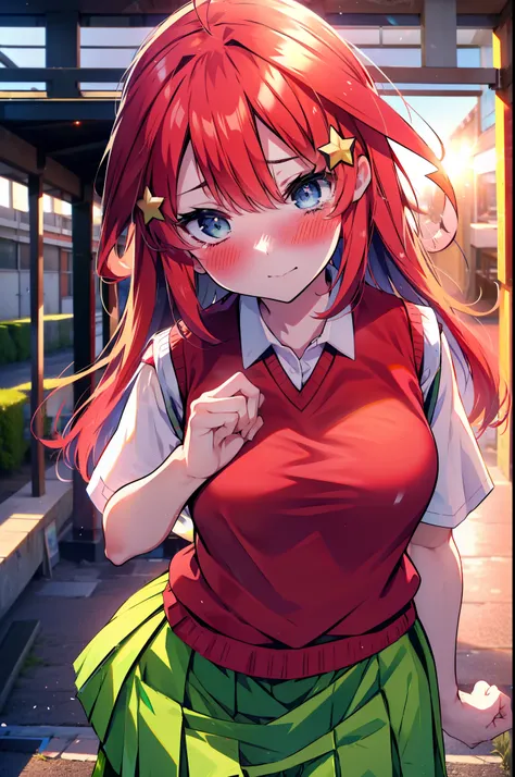 itsukinakano, itsuki nakano, bangs, blue eyes, Hair between the eyes, Ahoge, Redhead, star (symbol), hair ornaments, star hair ornaments,Tears stream down her face,Tears of joy,I cry a lot,blush,Open your mouth,
skirt, shirt , clavicle, white shirt, Short...