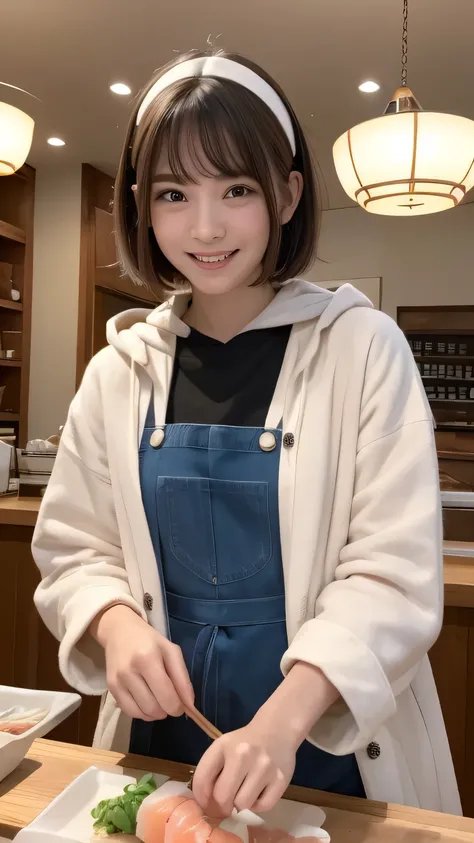 closeup shot , Best picture quality (8K, high resolution, Masterpiece: 1.2), super detailed,  215 Short Hair, 16-year-old woman, 

situation: At the counter of a sushi restaurant、A scene where a craftsman is making sushi。
clothing: White coat、apron、Hood or...