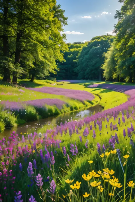 An expansive meadow scene depicted in a realistic style. The meadow stretches endlessly under a vast, open sky. Wildflowers of various colors carpet the ground, creating a vibrant mosaic of blues, yellows, purples, and whites. Butterflies flutter among the...