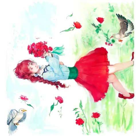 drawing of a girl with a red carnation dress and a seagull in a field, A must have and a bunch of red carnations in your hands, the hair should be a braid inspired by Marcell Chagall, inspirado por Mary Adshead, inspired by Marcel Chagall, inspired by Marc...