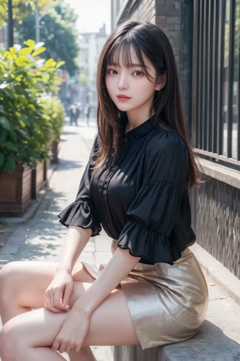 ((Best image quality、8K、masterpiece：1.3))、Realistic high-quality photos、Highest quality、Beautiful and graceful face and eyes、Black Hair、Shiny Hair、 OL、Wearing a short-sleeved blouse、Wear a long skirt、Full Body Shot.