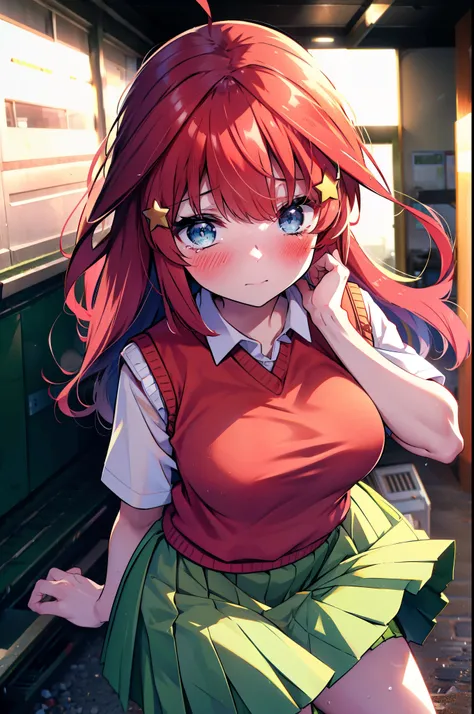 itsukinakano, itsuki nakano, bangs, blue eyes, Hair between the eyes, Ahoge, Redhead, star (symbol), hair ornaments, star hair ornaments,Tears stream down her face,Tears of joy,I cry a lot,blush,Open your mouth,
skirt, shirt , clavicle, white shirt, Short...
