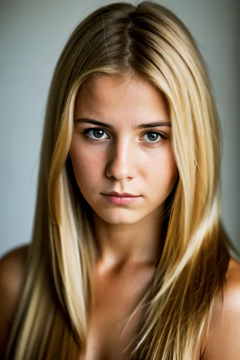 High detail RAW color photo professional photograph of a young Catalonian woman, mournful expression, (perfect dirty blonde quin tails hair), negative space, shot on a Canon EOS 5D, straight face to camera