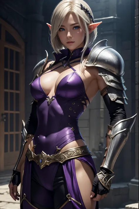 8K、Blonde short bobヘアのエルフ、Super Beauty(Realistic)、Alafeido woman in purple and black outfit、Ultra-detailed fantasy characters、3D Rendering Character Art、blue eyes、Detail Fantasy、Stunning Armor、Amazing character art、Gorgeous Female Paladin、Ultra-high resolu...