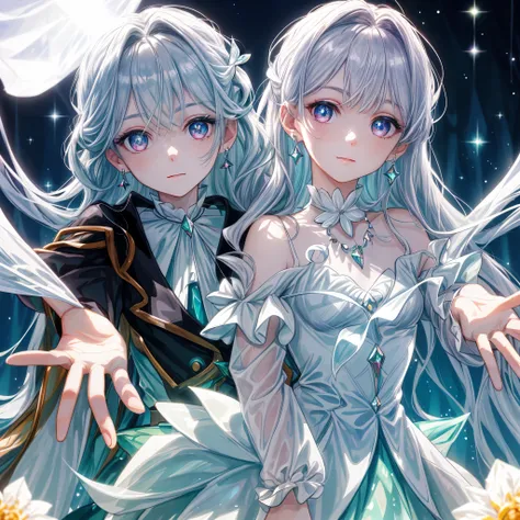 masterpiece, highest quality, figure, alexandrite eyes and hair, platinum earrings, Platinum Necklace, white dress, The Little Mermaid, cute, (dynamic lighting:1.2), cinematic lighting, delicate features, fine eyes, sharp pupils, realistic student, Depth o...