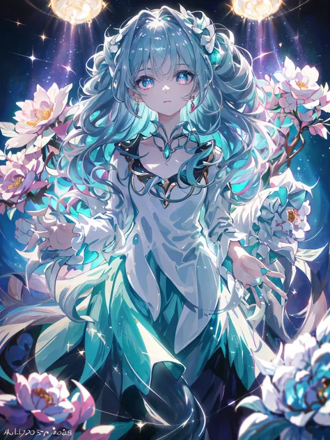 masterpiece, highest quality, figure, alexandrite eyes and hair, platinum earrings, Platinum Necklace, white dress, The Little Mermaid, cute, (dynamic lighting:1.2), cinematic lighting, delicate features, fine eyes, sharp pupils, realistic student, Depth o...