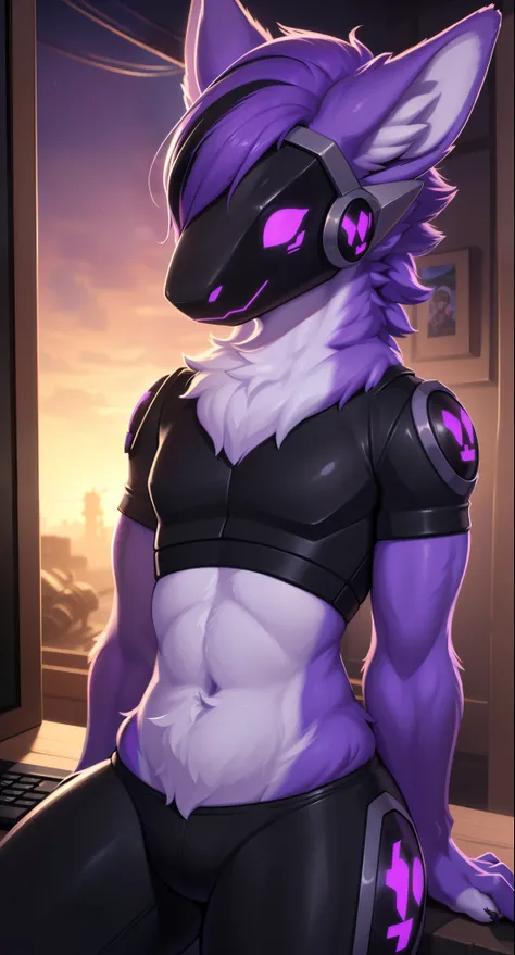 a highly detailed male furry protogen wearing gamer clothes, gaming on his pc, extremely detailed purple emo hair, purple headlight, (best quality,4k,8k,highres,masterpiece:1.2),ultra-detailed,(realistic,photorealistic,photo-realistic:1.37),cinematic light...