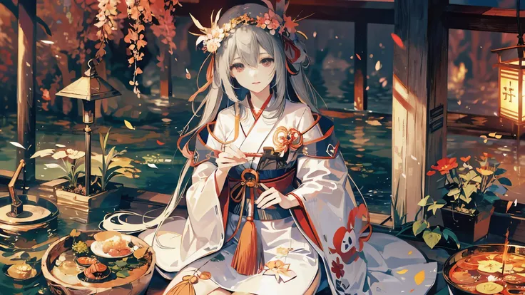 Gray-haired, Japanese Shrine Maiden, shrine, prayer, cherry blossoms, Graceful, Calm, Flowing white robes, Spiritual connection, Grace, Respect, Sacred空間, Incense, Spiritual atmosphere, Soothe your hand, close your eyes, Deep concentration, Dedication, Bel...