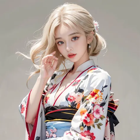 8K)、(Best image quality:1.5)、gray background、face close up、1girl、masterpiece、Delicate and sharp eyes、brown eyes、power of eyes、delicate face、cup、fascinating face、platinum blonde hair、Half length wave、Japanese-style kimono、white kimono、Kimono that shows the ...
