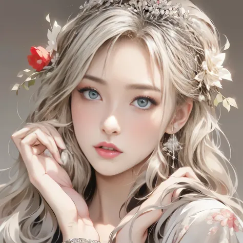 （8K）、（Best image quality:1.5）、gray background、face close up、１girl、masterpiece、Delicate and sharp eyes、brown eyes、power of eyes、delicate face、cup、fascinating face、platinum blonde hair、Half length wave、Japanese-style kimono、white kimono、Kimono that shows the...