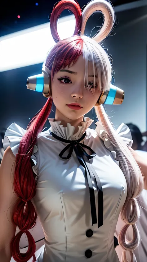 Masterpiece Uta, one piece (set), anime art style, Masterpiece, setเดรสสีขาวหรูหรา, long red and white hair, one woman, alone, earphones, conjunctivitis, looking at the audience, Beautiful face, detailed face, gag, photograph: intermediary, Elbow arm, Eyes...