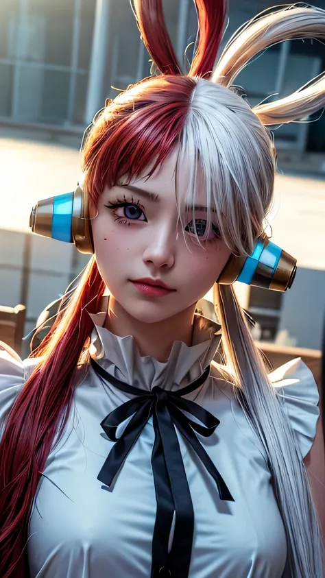 Masterpiece Uta, one piece (set), anime art style, Masterpiece, setเดรสสีขาวหรูหรา, long red and white hair, one woman, alone, earphones, conjunctivitis, looking at the audience, Beautiful face, detailed face, gag, photograph: intermediary, Elbow arm, Eyes...