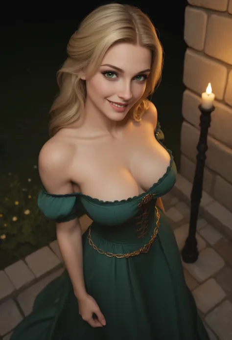 score_9, score_8_above, score_7_above, 1girl, large_breasts, royal_garden, medieval_castle, elegant_green_dress, off_shoulder_dress, evil_smile, cute_woman, blonde, long_hair, side view, from_above, night, moonlight, cinematic film still, RAW photo, perfec...