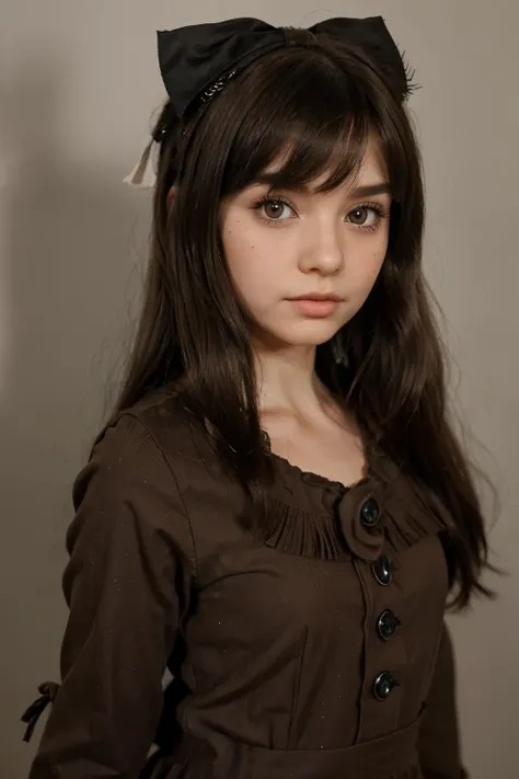 A BLYTHE DOLL with dark brown straight hair and fringe with a small bow on the right side of her hair, she has a mole on the left side of her face and wears cute clothes