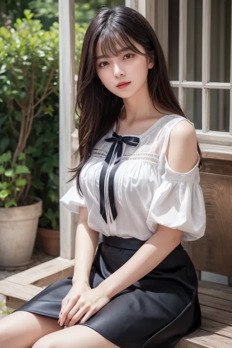 ((Best image quality、8K、masterpiece：1.3))、Realistic high-quality photos、Highest quality、Beautiful and graceful face and eyes、Black Hair、Shiny Hair、 OL、Wearing a short-sleeved blouse、Wear a long skirt、Full Body Shot.