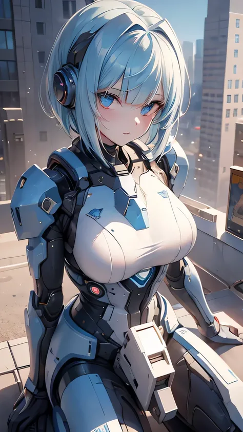 light blue hair, blunt bangs, bob cut, goggles on head, multicolored eyes, makeup, disgust, backlighting, masterpiece, accurate, super detail, award winning, highres, best quality, 8k, Cyberpunk, the world of science fiction movies, A Martian city in the y...