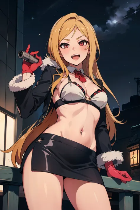 Rio Momose,  lipstick, blush,  fur trim, mature female, gloves, fur-trimmed coat, outdoors, rooftop, cityscape, building, railing, night, night sky, scenery, city lights, lipstick, masterpiece, best quality, highly detailed, a girls with a gun, open mouth,...