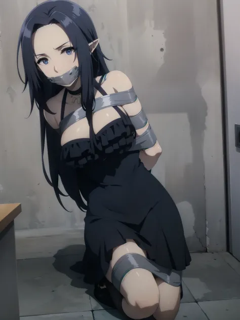 dark blue hair,,long hair,blue eyes)),pointy ears,elf,Tape Gag
Tape Bondage,arms behind back