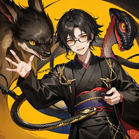 male、1 person、Glasses、Black kimono、snake、Black Hair、Creepy Smile、Yellow Eyes