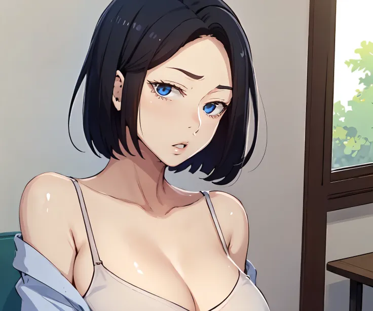 sooahdef, black hair, blue eyes, short hair
breasts,white camisole, solo, upper body, indoors, 1girl, underwear, collarbone, off...