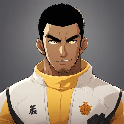 anime characters：Gyee, Muscle Sports Student, negro black skin, Buzz Cut，1 dark skin muscular tough guy, Manliness, male focus, Dark yellow high collar long sleeve wetsuit, Matte texture, Very tight, Slightly transparent, muscular male, muscular, only, Upp...