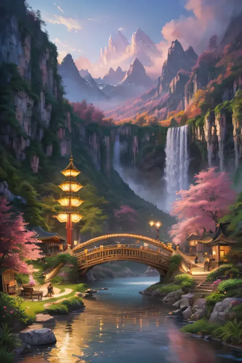 There is a mountain in the painting，There is a waterfall and a bridge in the middle, An extremely detailed painting by Li Song, cg social hot spots, Fantasy Art, pink waterfalls, Landscape art details, Fine Art UHD 4K, 4k highly detailed digital art, Detai...