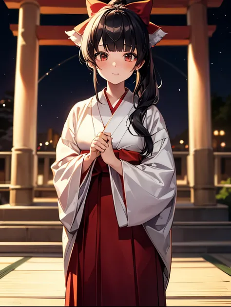 1 girl, Solo, 12 years old, cute girl, Best Quality, masutepiece, 8K, High resolution, Ultra-detailed, black hair, long hair, lower ponytail, blunt bangs, white hair ribbon, (shrine maiden costume, white kimono, red hakama, hakama skirt), moonlight, night,