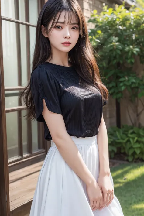 ((Best image quality、8K、masterpiece：1.3))、Realistic high-quality photos、Highest quality、Beautiful and graceful face and eyes、Black Hair、Shiny Hair、 OL、Wearing a short-sleeved blouse、Wear a long skirt、Full Body Shot.