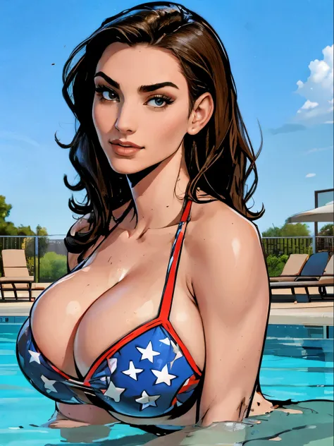 Gorgeous and sultry busty athletic (thin) brunette (smirking) with sharp facial features and a ((long), slicked-back hair) and (huge boobs) wearing a star-spangled American flag print bikini, Americana, swimming pool.