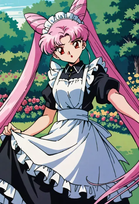 masterpiece,best quality,very aesthetic,ultra detailed,intricate details,1990s (style),Black Lady1,1girl,solo,pink hair,cone hair bun,long hair,hair bun,double bun,red eyes,twintails,very long hair,maid,maid headdress,maid apron,garden,outstretched arm,