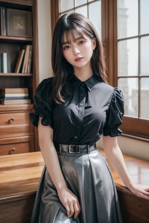 ((Best image quality、8K、masterpiece：1.3))、Realistic high-quality photos、Highest quality、Beautiful and graceful face and eyes、Black Hair、Shiny Hair、 OL、Wearing a short-sleeved blouse、Wear a long skirt、Full Body Shot.