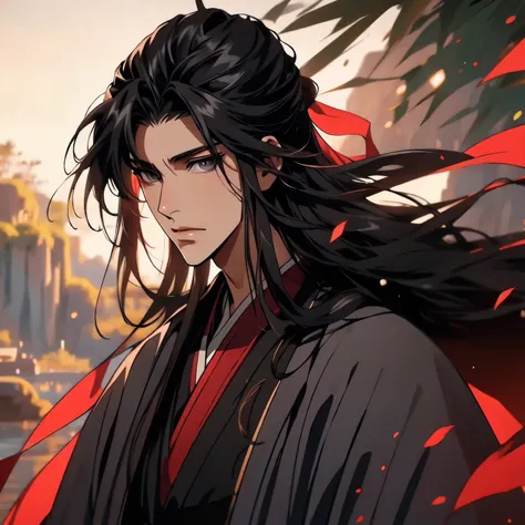 (masterpiece, best quality:1.2), 1male, solo, wei wuxian, mo dao zu shi, mdzs, black clothes, grey eyes, long black hair, perfect anatomy, full body, Acacia flowers