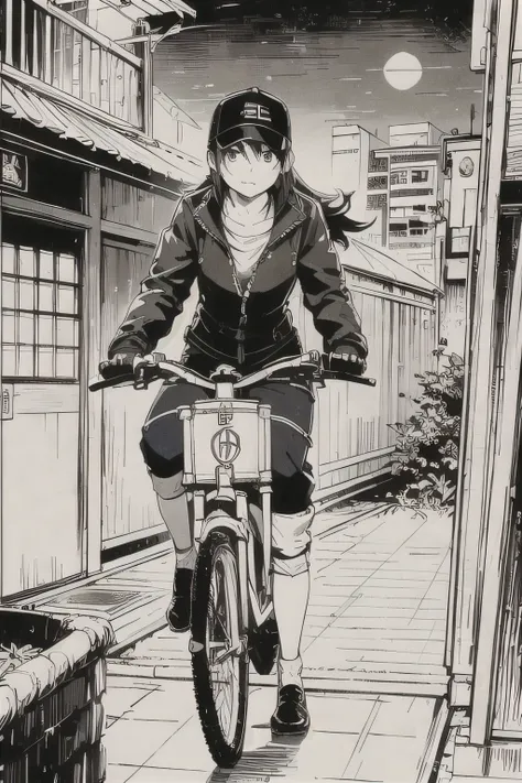 Highest quality, masterpiece, photograph, 4K, photographrealistic, Very detailed,
Girl riding a bicycle, Techwear, Cyberpunk City, alone, Futuristic, Huge moon in the background, Black and White, toriyama akira, close,
