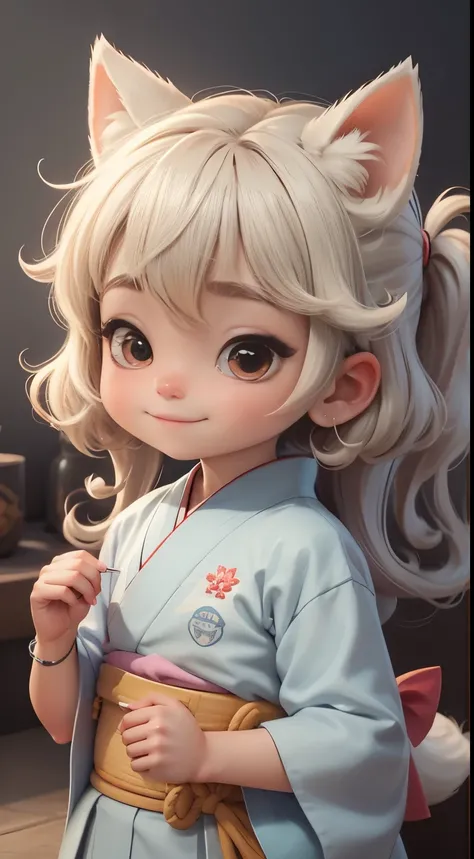 Create a loli baby chibi version of the Alice character in an 8K resolution. A ponytailed girl is practicing kendo in a dojo, wearing a kimono with a fox pattern and a hair tie decorated with a fox, Its sunny, Detailed eyes, clear outlines, kawaii pose, A ...